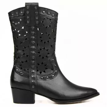 FootCourt - женские ковбойские сапоги до середины икры, весна-лето, черные туфли из натуральной кожи, ботинки в стиле вестерн с острым носком, новый сезон