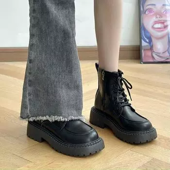 Footwear Chunky Female Ankle Boots Platform Short Shoes for Women Waterproof Booties Lace-up White Round Toe with Laces New In 35