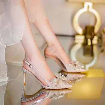 Обувь Закрытые босоножки для женщин Тонкие каблуки Женская обувь Stiletto Лето 2024 года Алмазный бант Серебряные стразы Острый носок Сандалии 35