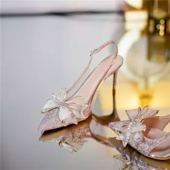 Footwear for Party and Weddings Thin Heels Rhinestones Diamond Stiletto Bow Sandals Women Buckles Pointed Toe Ladies Shoes H Vip 35