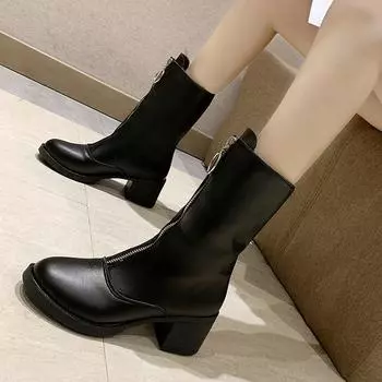 Footwear Platform Ladies Boots Black Shoes for Women Elegant Heeled High Heels Half New Rock Mid Calf Fashion 2024 Sale Y2k Goth 35