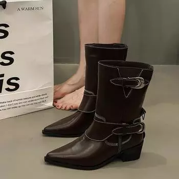 Footwear Pointed Toe Women Ankle Western Boots Autumn Winter Fashion Designer Buckle Ladies Short Booties Female Slip On Shoes 35