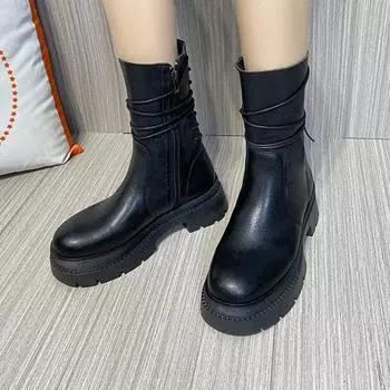 Footwear with Laces Lace-up Shoes for Woman Platform Half High Women s Boots Mid Calf Biker Waterproof Quality Boot New Rock In 35