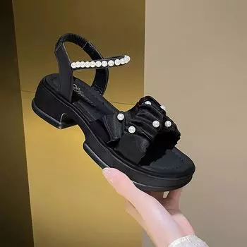 Обувь на среднем каблуке Лето 2024 Босоножки на толстом каблуке для женщин Кружевные женские туфли Стразы Блок Алмазы Массивный тренд FH 35