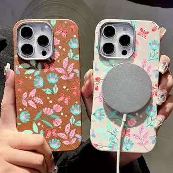 For Magsafe Magnetic Matte Green Flower Print Phone Case for iPhone 16 15 Pro 14 Plus 13 12 Pro Max 11 Shockproof Soft Tpu Slim Leather Texture Cover iPhone 16 чёрный