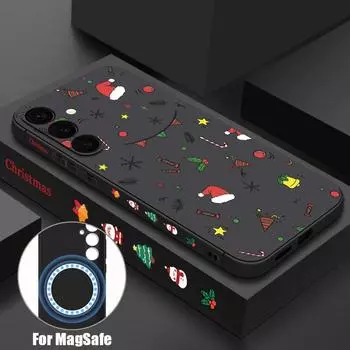 For Magsafe Magnetic Tpu Soft Shell for Samsung S24 S22 Ultra Plus S23 S21 S20 Fe Cartoon Christmas Pattern with Lanyard Slim Lens Protection Cover Samsung S24 чёрный