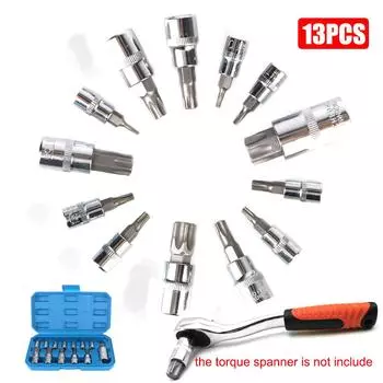 For Ratchet Torque Spanner 13 Pcs Car Removal Tools Torx Bit Socket Set Socket Wrench Tools T8-T70 1/4 3/8 1/2 Drive синий
