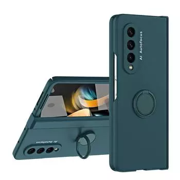 For Samsung Galaxy Z Fold 5 4 3 Case Colorful Skin Friendly Matte Ring Bracket Hinge Folding Tempered Film Shockproof Hard Cover for Galaxy Z Fold 5