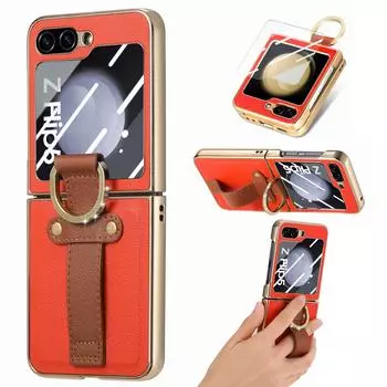 Для Samsung Z Flip 5 Zflip5 Bling Ring Holder кожаный чехол для Samsung Galaxy Z Flip 5 Flip5 Лучшая защитная стеклянная пленка for Samsung Z Flip 5