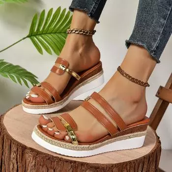 For Women Comfortable Soft Leather Thick Soled shoes 2025 Summer Casual Color Blocking Sandals women Slope Woven Straw Sandals 36