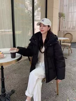 Иностранная мода пуховик женский короткий новый зимний утолщенный свободный капюшон маленький пальто S (80-50kg wearable) чёрный
