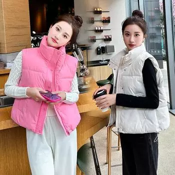 Foreign style loose stand-up collar cotton vest women s short autumn and winter new drawstring thickened vest jacket M