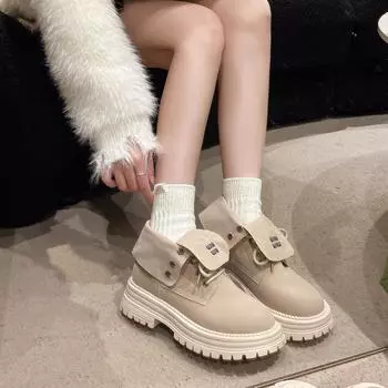 Foreign trade 2024 spring and autumn new fashionable large-size versatile solid color short tube front lace-up thick-soled women s Martin boots 35 бежевый