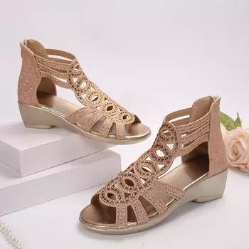 Foreign trade 2024 summer large size solid color round head rear zipper thick sole casual European and American style fashion women s Roman sandals 36 чёрный