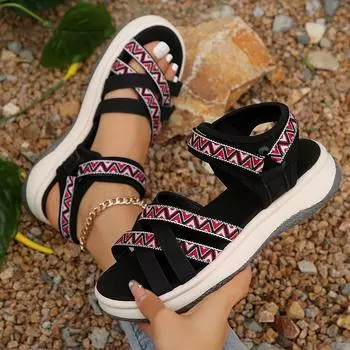 Foreign trade 2024 summer new color matching fashion ethnic style light beach shoes cross belt open toe soft platform sandals women 35 чёрный