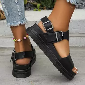 Foreign trade 2024 summer solid color round head one-word buckle muffin bottom casual European and American style thick sole women s large size sandal 35 чёрный