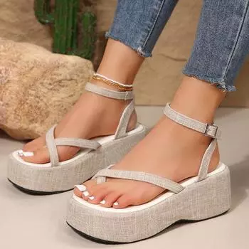 Foreign trade 2024 summer solid color square head one-word buckle muffin bottom casual European and American style thick sole women s larg 35 джинсовый синий