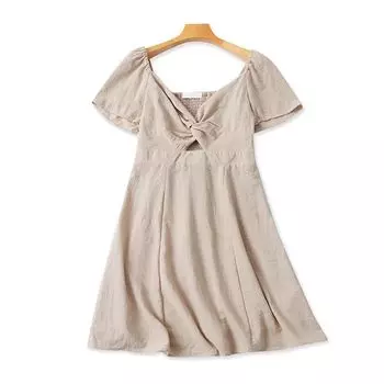 Foreign Trade Backless Dress Summer New A Word Slimming Short sleeve Fashion Women Mid-Length Pullover Skirts 16453 Khakis 38