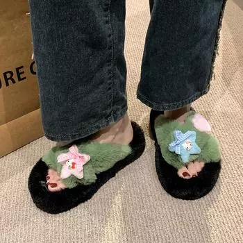 Foreign trade Europe and the United States 2024 new large size suede round head open-toed home leisure versatile cartoon animation flat-bottome 35