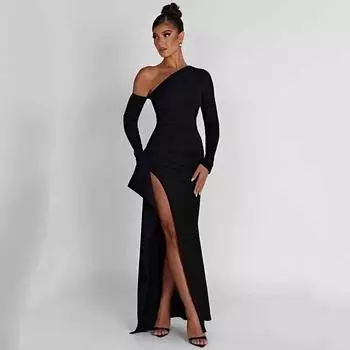 Foreign Trade Fashion Style Women s Clothing 2025 Spring and Summer New Arrival Fashion Elegant Slim Looking Oblique Shoulder Long Sleeves Dress Women Black S