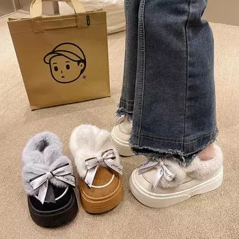 Foreign trade fluffy cotton shoes 2024 outer wear new winter velvet thick-soled lazy sleeve warm snow boots women 36 чёрный