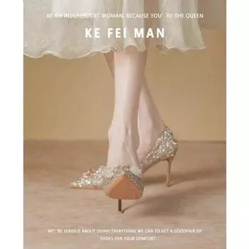 Foreign trade French rhinestone high heels women s wedding shoes banquet pointed temperament crystal shoes fine heel sequined single shoes women 34