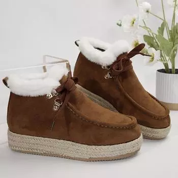 Foreign trade large size 2024 new round head flat bottom hemp rope lace low top velvet warm cotton shoes in stock 36