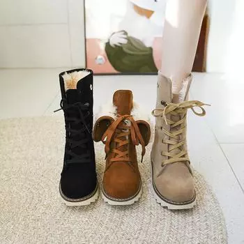 Foreign trade large size 2025 new winter platform short boots women s flat-bottomed fluffy boots thermal shoes lace-up snow boots women 36 бежевый