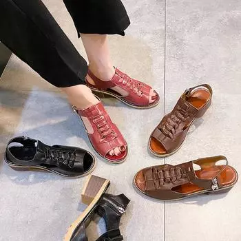 Foreign trade large size 2025 summer new women s shoes European and American round head side zipper casual solid color thick heel sandals women 35 чёрный