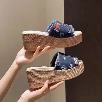 Foreign trade large size 35-43 casual denim with cool slippers women s shoes 2025 autumn new wedge slippers 35