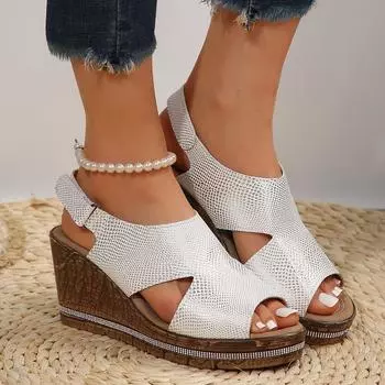 Foreign trade large size belt buckle wedge heel sandals women s 2024 summer new middle heel muffin thick bottom hollow fish mouth women s sandals 36 чёрный