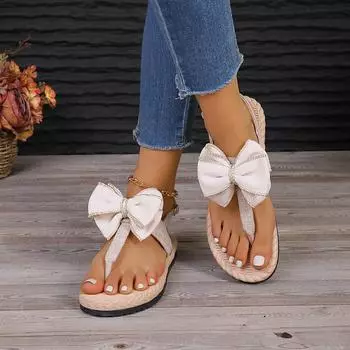 Foreign trade large size bohemian flat cool slippers 2024 autumn new outdoor hemp rope bow sandals 35 серый
