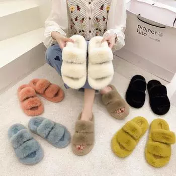 Foreign trade large size double-strip fluffy slippers for women, new autumn and winter outer wear flat bottom one-word drag warm cotton slippe 35 жёлтый