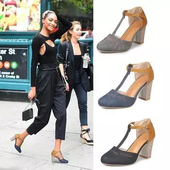 Foreign trade large size European and American rubber PU high-heeled single shoes independent station shallow mouth one-word buckle belt round head 35 чёрный