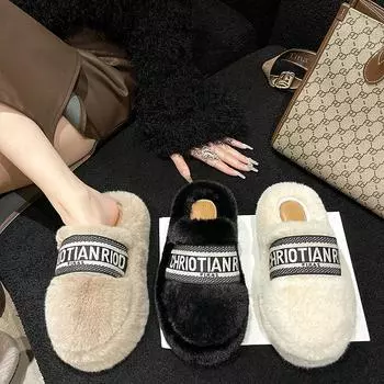 Foreign trade large-size fluffy slippers for women s outer wear 2025 winter new fashionable versatile velvet thick-bottomed bag head lazy slippers 35