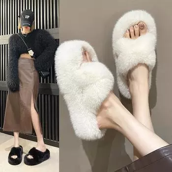 Foreign trade large size fluffy slippers women s 2025 autumn and winter new home wear outer wear inner velvet thick bottom cross fluffy drag 34 синий