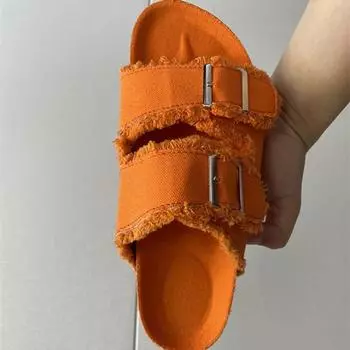 Foreign trade large size fringed slippers women s outer wear 2025 new belt buckle cork bottom canvas one-word sandals women 36 джинсовый синий