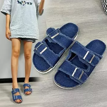 Foreign trade large size fringed slippers women s outer wear summer new belt buckle cork bottom denim one-word sandals 36 чёрный
