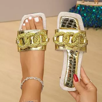 Foreign trade large size metal chain flat-bottomed slippers women s spring and summer 2025 new European and American fashion casual slippers 35