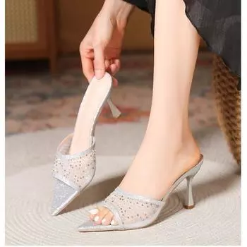Foreign trade large size new Korean version pointed toe fish mouth women s fine heel high heel cool slippers 35