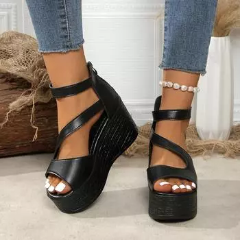 Foreign trade large size sandals women s 2025 new thick-soled fish mouth wedge heel one-word elastic band European and American outer wear sandals wom 35