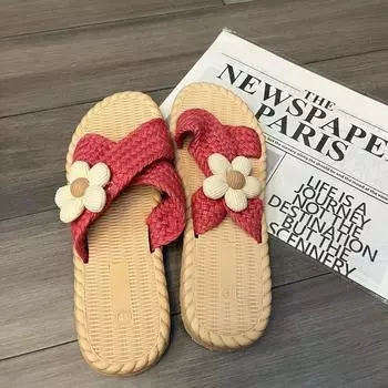 Foreign trade large size sandals women s imitation straw hemp sole outer wear one-word drag flat-bottomed beach European and American casual fash 36