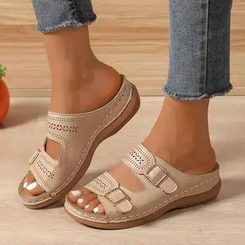 Foreign trade large size slippers women s 2024 new hollow metal buckle wedge heel wear multi-color casual slippers 36 чёрный