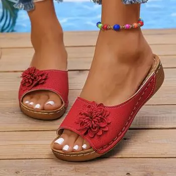 Foreign trade large size slippers women s 2025 new 2025 wedge sandals flower one-character cool slippers 36 красный