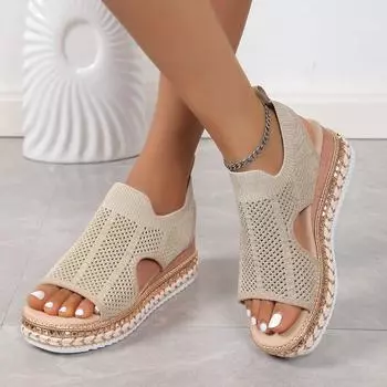Foreign trade large size slope heel sandals women s summer new 2025 sandals fly-woven breathable mesh fish mouth sandals women s shoes 36 золотой