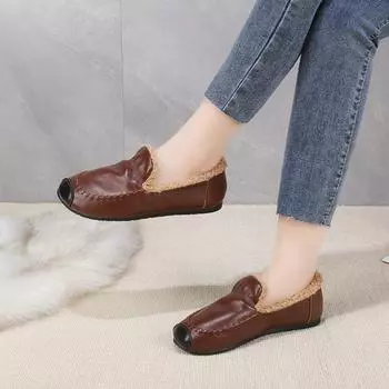 Foreign trade large size soft bottom non-slip outer wear lazy versatile round head velvet warm flat bottom middle-aged and elderly one-pedal 35 хаки