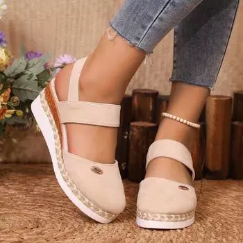 Foreign trade large size solid color bag head rear empty sandals women s slope heel light hemp rope women s shoes thick-soled hollow sandals 36 чёрный