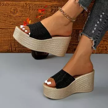 Foreign trade large size summer wear 2025 new European and American fashion versatile one-character women s slope heel cool slippers 35