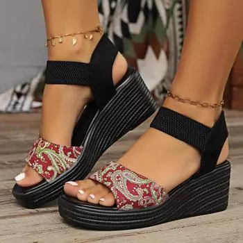 Foreign trade large size wedge heel sandals women s new square head fish mouth elastic foot thick-soled sandals women s summer 2025 36