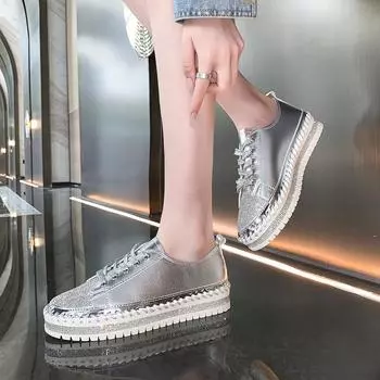 Foreign trade large size white shoes women s 2024 new rhinestone muffin platform loafers fashion board shoes 35 серебряный
